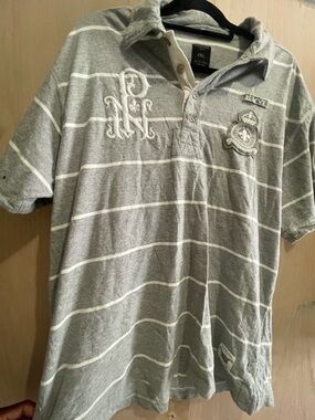 parish nation Light Gray and White Striped Polo with Embroidered Crest